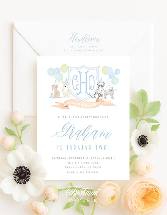 Watercolor Puppy Crest Invitations  - Puppy invitation - Puppy Birthday Invitation - Puppy Party - Puppy Love - Dog invitation - First Bday