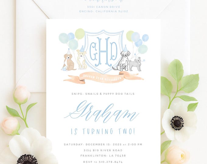 Watercolor Puppy Crest Invitations  - Puppy invitation - Puppy Birthday Invitation - Puppy Party - Puppy Love - Dog invitation - First Bday