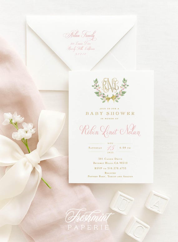 Monogram Baby Shower Invitation - baby shower invitation - baby shower invitation - wreath ribbon invitation - Pink baby shower