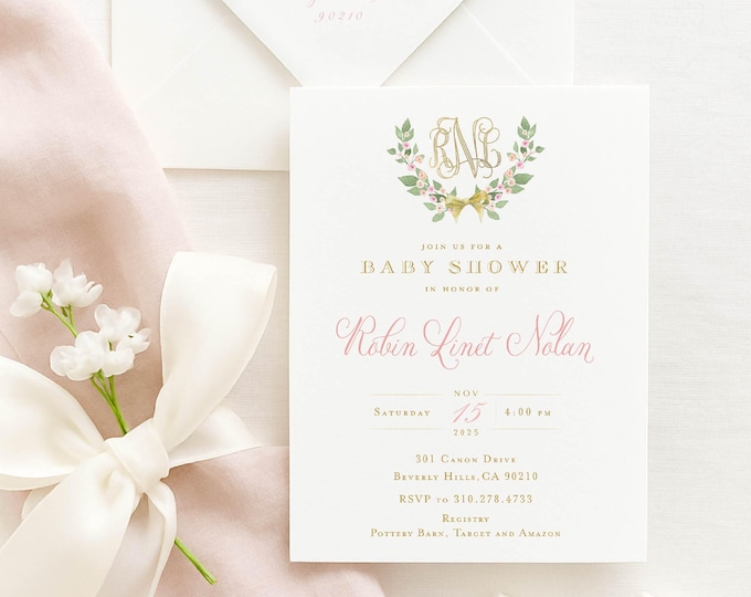 Monogram Baby Shower Invitation - baby shower invitation - baby shower invitation - wreath ribbon invitation - Pink baby shower