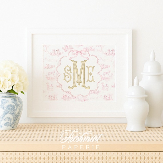 Nursery wall art, Monogram Nursery Wall Art, Nursery name print, Pink Toile Nursery Print, Custom nursery wall art, Pink Bow, Toile wall art