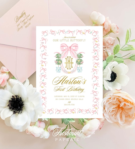 Butterfly invitation, Butterfly Birthday, Chinoiserie invitation, Monogram Invitation, Watercolor Butterfly invitation, Girls invitations