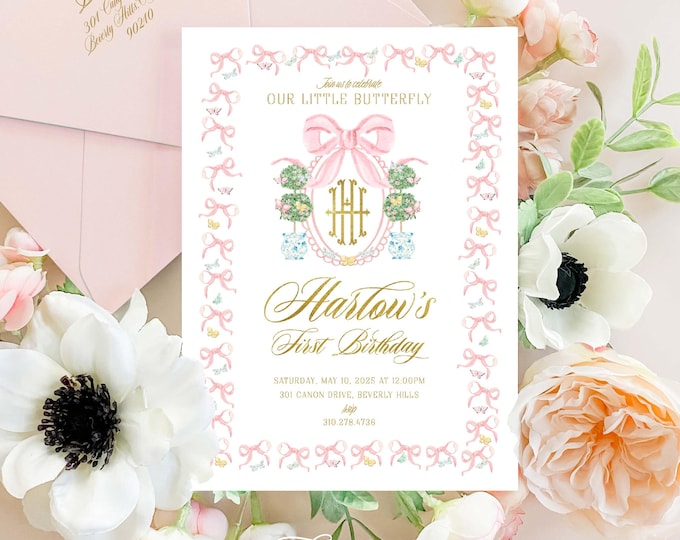 Watercolor Butterfly Birthday Invitation: Chinoiserie Monogram
