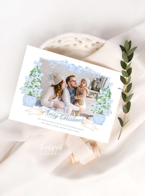 Blue Floral Photo Christmas Cards, Gingham Wreath