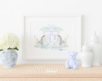Stork Nursery Art Print, Custom Monogram, Baby Room Decor
