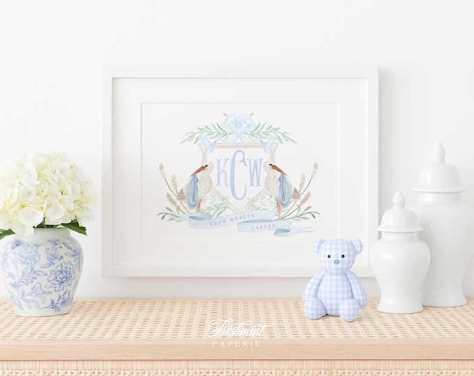 Stork Nursery Art Print, Custom Monogram, Baby Room Decor