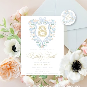 Blue Floral watercolor crest invitation, Baby Boy invitation, Monogram invitation, It's a Boy Invitation, Watercolor Gingham invitation