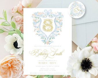 Blue Floral Watercolor Crest Baby Boy Invitation, Monogram