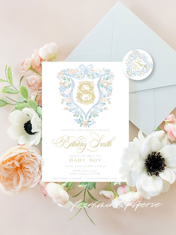 Blue Floral watercolor crest invitation, Baby Boy invitation, Monogram invitation, It's a Boy Invitation, Watercolor Gingham invitation