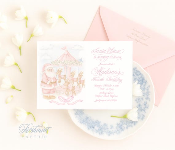 Santa Birthday Invitation, Christmas Invitation, Santa invitation, Christmas Birthday Invitation, Carousel, Reindeer