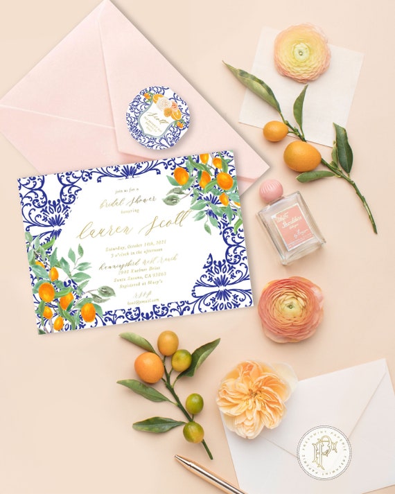 Orange Chinoiserie invitation - Citrus invitation - Ginger Jar Invitation - Chinoiserie invitation - Orange Grove Invitation