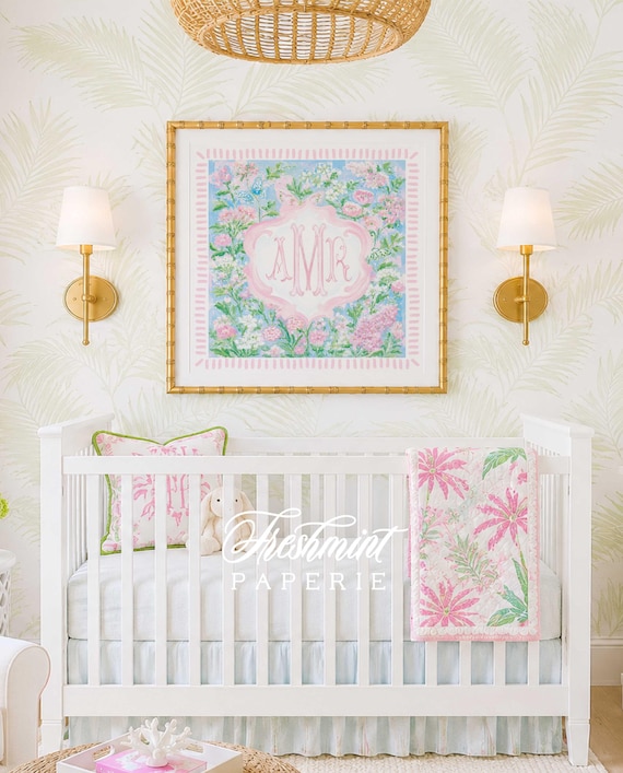 Monogram Wall Art, Monogram, Medallion, Grandmillennial, Watercolor, Chinoiserie, Butterflies