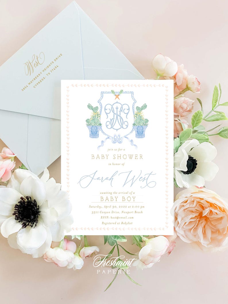 Topiary Bunny invitation, Bunny baby shower invitations, Ginger Jar, Easter invitation, Monogram invitation, Topiary Bunny image 1