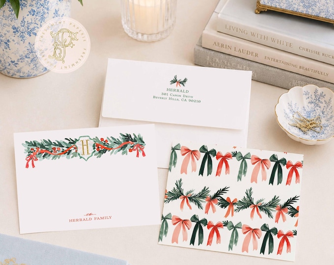 Personalized Christmas Notecards, Holiday Ribbon Monogram Stationery