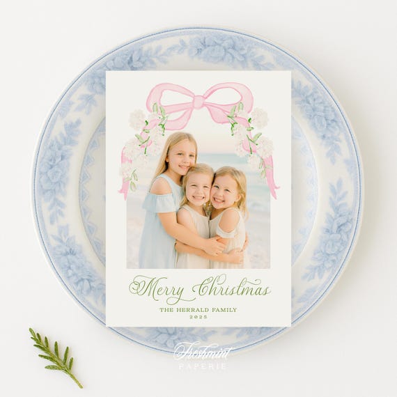 Pink Floral Photo Holiday Cards: Christmas Wreath Monogram