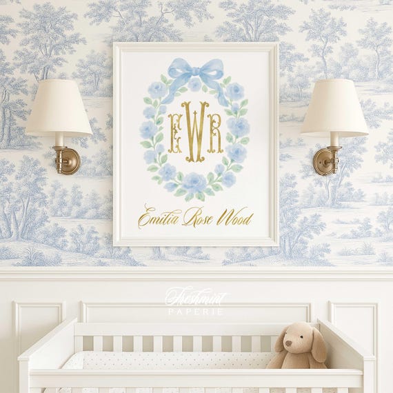 Watercolor monogram nursery Wall Art, Nursery name print, Monogram crest, Monogram nursery wall art, Introducing Baby, Blue Bow