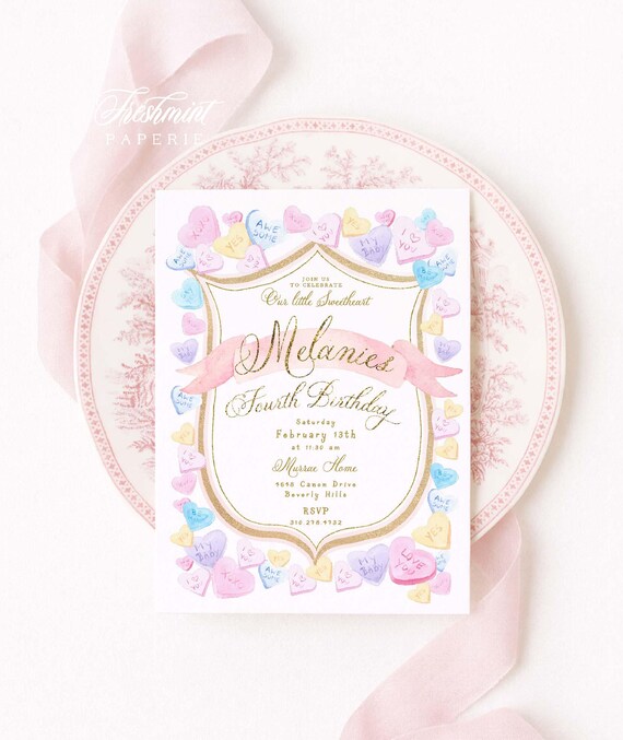 Candy Hearts Birthday Invitation, Valentine Birthday Party, Sweetheart, Crest