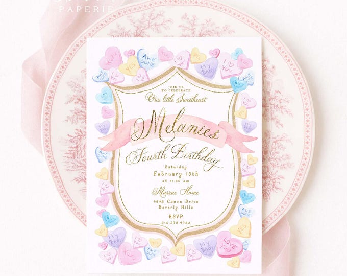 Candy Hearts Birthday Invitation, Valentine Birthday Party, Sweetheart, Crest