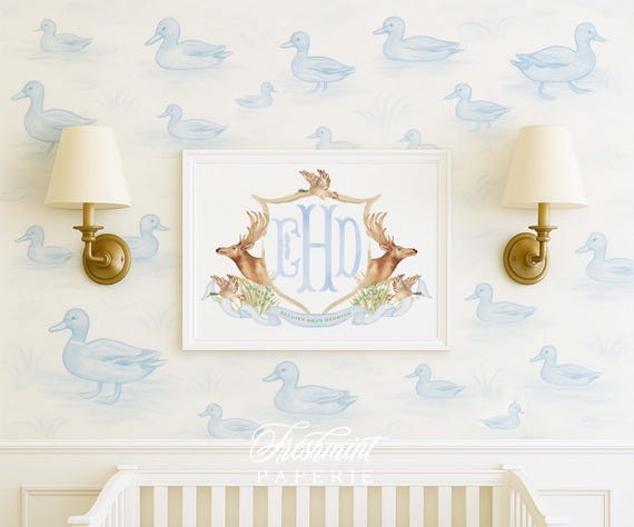 Deer Crest wall art, Mallard Duck, Baby Boy Nursery Art, Monogram