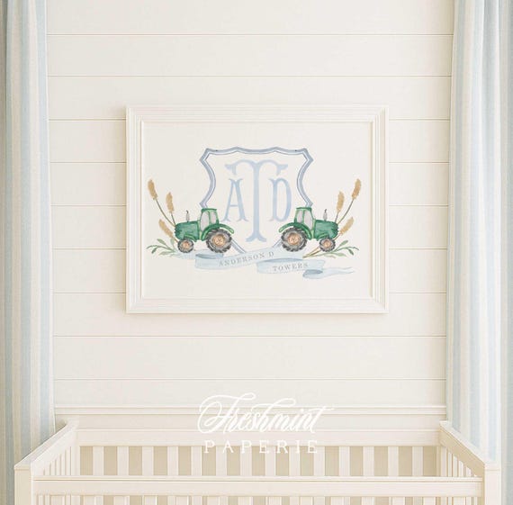Tractor wall art, Green Tractor Wall Art, Monogram wall art, Tractor Monogram Art Print, Custom nursery wall art, Farm Tractor kids art