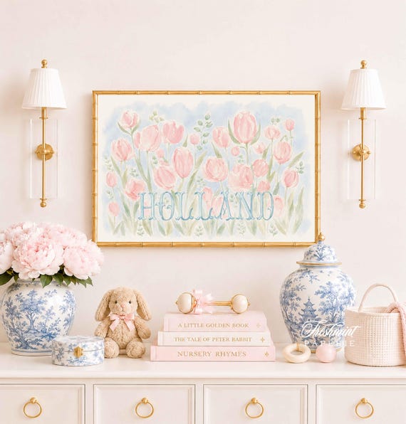 Watercolor Floral Nursery Print, Custom Name Wall Art, Tulips, Garden