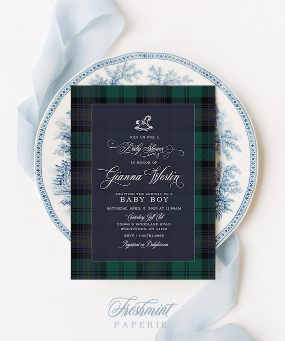 Classic Plaid Baby Shower Invitation: Equestrian Rocking Horse Design