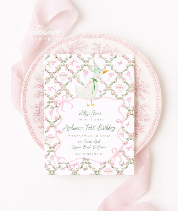Silly Goose Birthday Invitation: Pink Bow, Butterfly, Floral, Grandmillennial, Whimsical