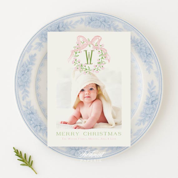 Pink floral Holiday Cards, Christmas card, Photo Christmas cards, Photo holiday cards, Pretty Holiday Cards, Monogram, Wreath