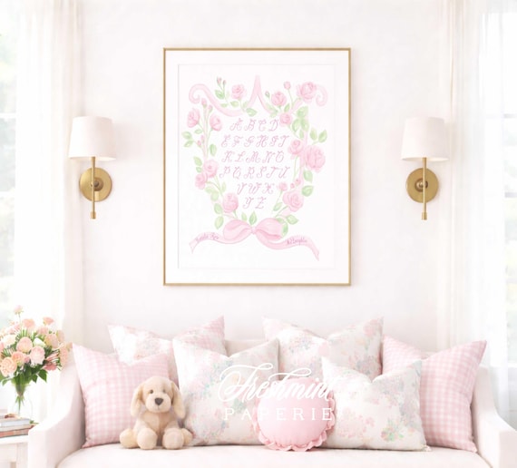 Pink Bow Alphabet Nursery Print, Watercolor, Custom Name Wall Art, Floral Crest