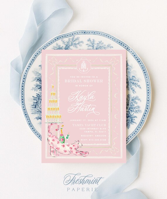 Champagne invitation, Bridal Shower Brunch, Monogram, Pink & Orange invitation