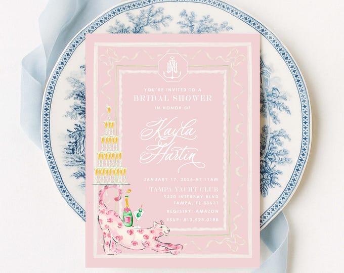 Champagne invitation, Bridal Shower Brunch, Monogram, Pink & Orange invitation