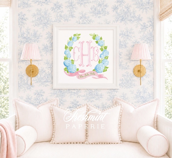 Monogram Wall Art, Blue Hydrangeas, Grandmillennial, Chinoiserie, Watercolor
