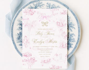Pink Toile Baby Shower Invitation, Monogram