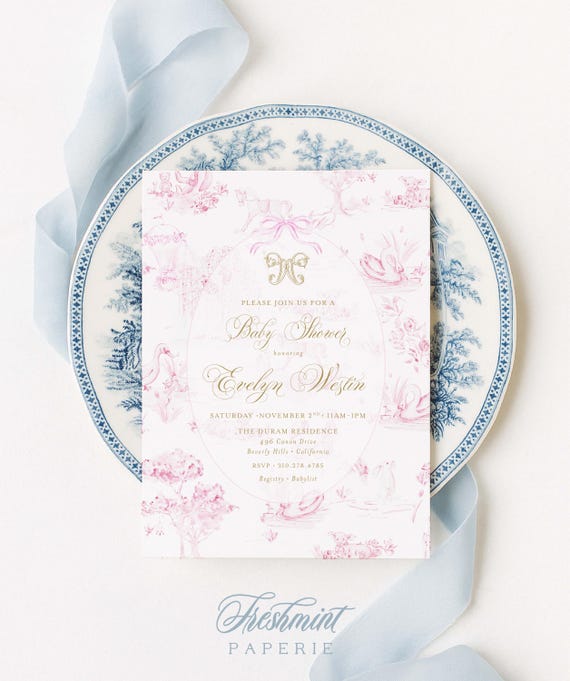 Pink Toile Baby Shower Invitation, Monogram