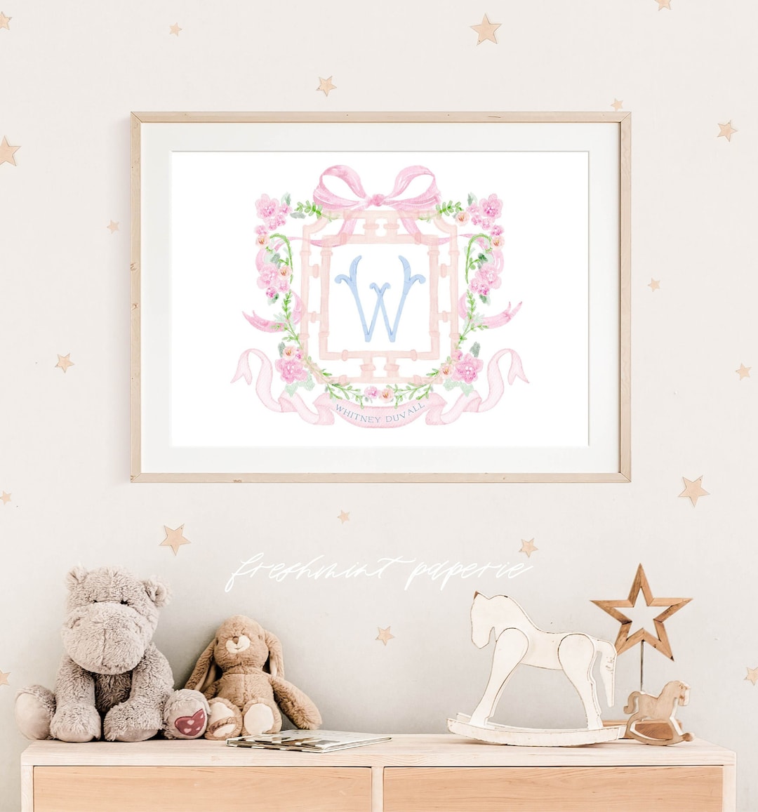 Watercolor Monogram Floral Nursery Wall Art, Nursery Name Print