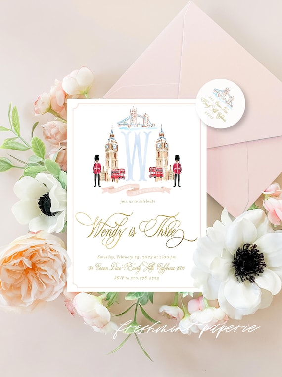 British Birthday invitations, London invitation, Big Ben invitation, British Bash, UK invitation, England,  Watercolor, Monogram