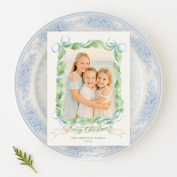 Blue Floral Photo Holiday Cards: Gingham Wreath Design