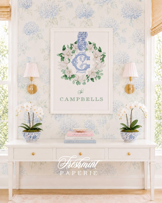 Monogram Wall Art, Magnolias, Family art, Crest