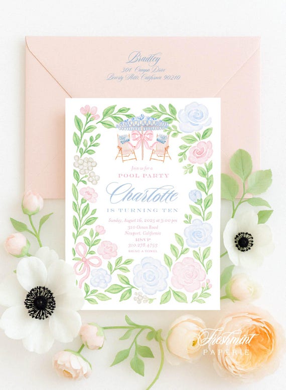 Pool Party invitation, Bougie Pool Party invitation, Chinoiserie invitation, Grandmillennial, Watercolor florals, Teen Pool Party