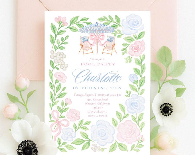 Watercolor Floral Pool Party Invitation: Grandmillennial Chinoiserie