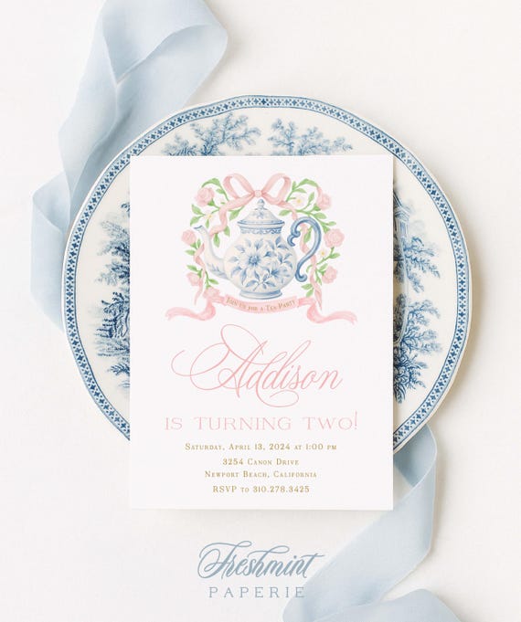 Floral Tea Party Invitation, Watercolor Teapot, Monogram Crest