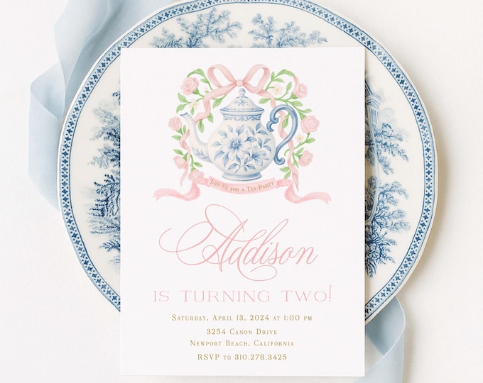 Floral Tea Party Invitation, Watercolor Teapot, Monogram Crest