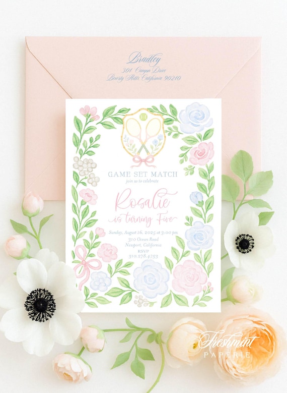 Tennis invitation, Watercolor Tennis invite, Tennis Birthday Invitation, Grandmillennial, Preppy, Tennis Party, Floral Tennis Invitation
