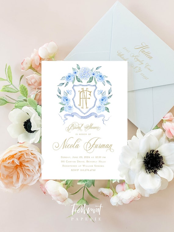 Bridal Shower Invitation, Something Blue invitation, Brunch Invitation, Watercolor Monogram invitation, Bridal Luncheon, Ginger Jar