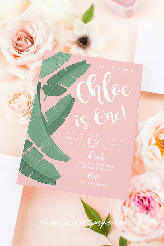 Palm Leaves invitation - Beverly Hills Hotel Birthday invitation - banana Leaf invitation - Tropical Birthday Invitation - Palm Leaves Pink