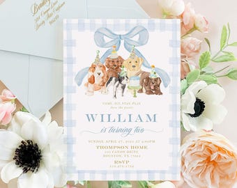 Verjaardagsuitnodiging puppy met blauwe gingang: hondenfeestje