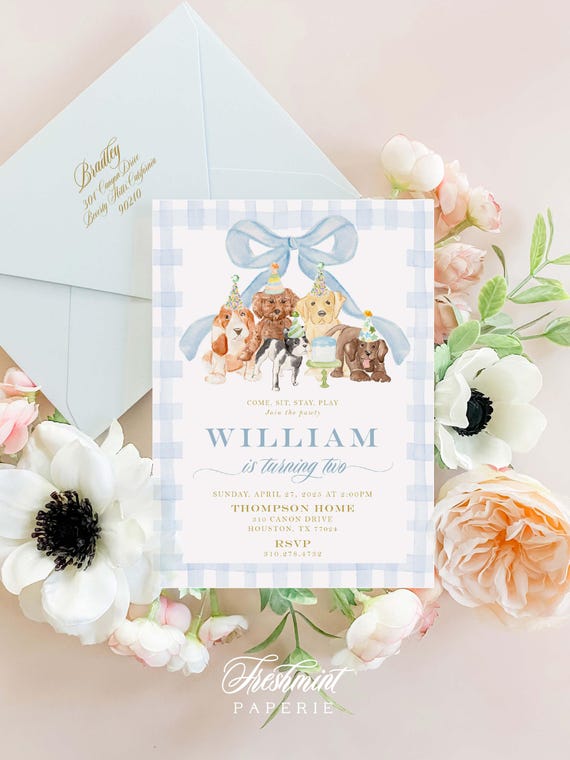 Puppy Birthday Invite, Blue Gingham Invitation, Puppy invitation, Dog Invitation, Lets Pawty,  Puppy Party for Boys, Grandmillennial, Preppy