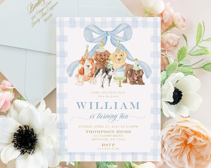 Blue Gingham Puppy Birthday Invitation: Dog Party
