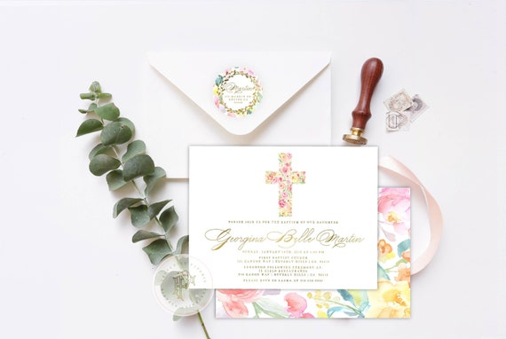 Baptism invitations, Floral baptism invitation, Christening Invitation, Dedication invitation, Religious invitation, Floral Cross - 602