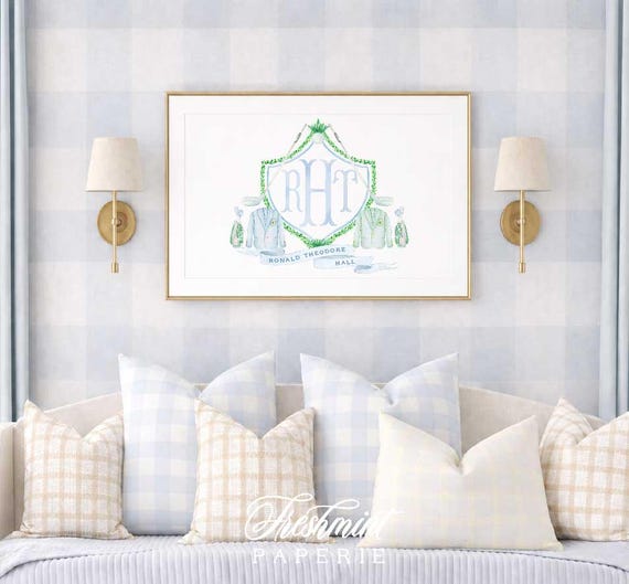 Golf Nursery Wall Art, Monogram, Watercolor, Baby Boy, Crest